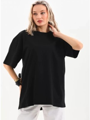 Aesco Unisex Bisiklet Yaka 20/1 Düz Oversize T-Shirt - Siyah