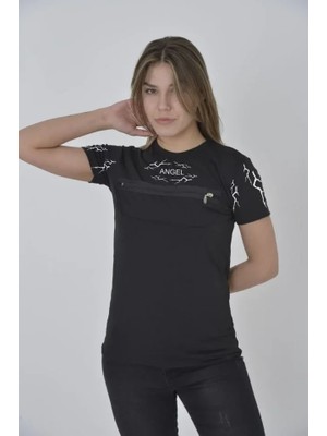 Aesco Unisex Göğüs Fermuarlı Baskılı T-Shirt - Siyah