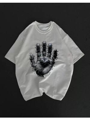 Aesco Unisex Bisiklet Yaka Baskılı Oversize T-Shirt - Beyaz