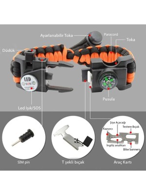 Paracord Survival 19 In 1 LED Işıklı Outdoor Bileklik | Nurcamp