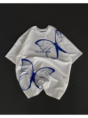 Aesco Unisex Bisiklet Yaka Baskılı Oversize T-Shirt - Beyaz