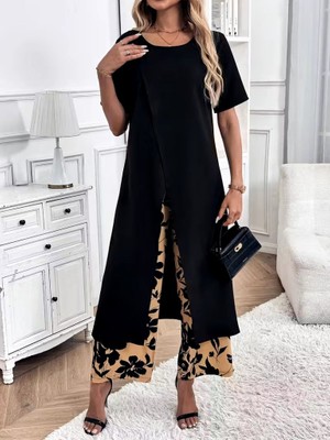 Aesco Kadın Kısa Kollu Önden Çapraz Detaylı Viskon Uzun Bluz ve Desenli Iki Iplik Pantolon Ikili Takım