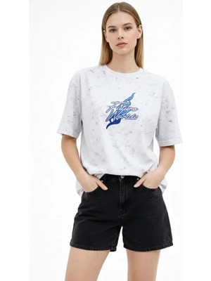 Aesco Asit Yıkamalı Oversize Tişört Future Worlds Baskılı Bisiklet Yaka Kısa Kollu Streetwear %100 Pamuk Street Style T-Shirt - Beyaz