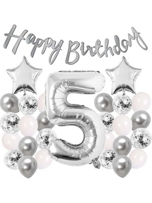 Misda Store Gitti Gümüş Konsept Doğum Günü Kutlama Seti Beyaz Gümüş Konfetili Balon Rakam Yıldız Folyo ve Banner (5 Yaş)