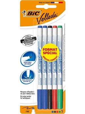 Misda Store Velleda 1721 Çocuk Beyaz Tahta Kalemi 5'li Blister, Mavi, Siyah,kırmızı ve Yeşil Renk, Kolay Silinebilir