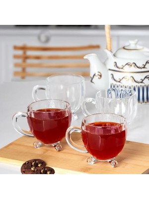 Misda Store 15719 Ayaklı Kulplu Desenli 4'lü Cam Bardak - Kulplu Çay Kahve Bardağı - 200 cc