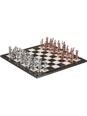 Misda Store Büyük Boy Metal Roma Satranç Takımı Antik ve Katlanır Mermer Desenli Tahta