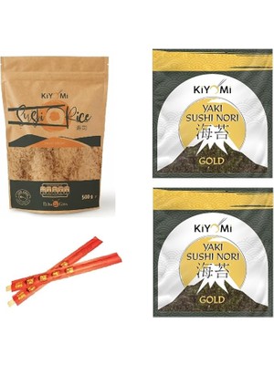 Misda Store Suşi Pirinci + Doğal Sushi Nori Set | 2 Adet Sushi Pirinci 500 Gr, 5 Yaprak Kiyomi Yaki Sushi Nori Gold Kurutulmuş Deniz Yosunu, 2 Çift 21 cm Bambu Chopstick