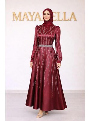 MayaBella Saten Kolları ve Önü Işlemeli Tesettür Abiye