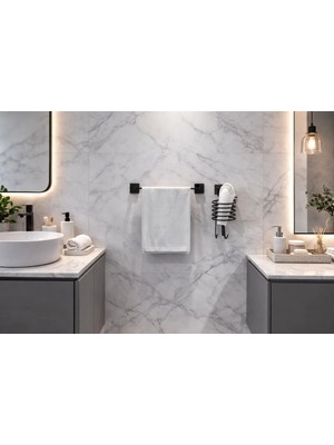 Atacı Home 1.kalite Yapışkanlı Siyah Fön Makinesi Askısı ve Uzun Havlu Askılık Havluluk Pratik 2'li Set