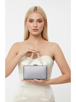 Biçanta Antrasit Gri Platin Renk Mat Çizilmez Deri Inci Detaylı Düğün Nişan Mezuniyet