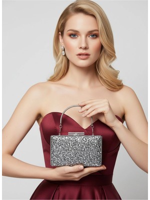 Biçanta Lüks Siyah Süet 5 Boy Gümüş Kristal Taş Işlemeli Abiye Çanta | Düğün ve Gece Clutch