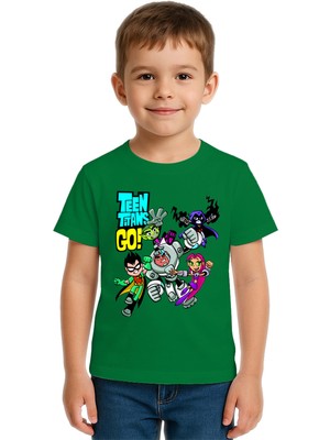 Sedirli Unisex Teen Titans Go Baskılı Çocuk Tişört Pamuklu Penye Kumaş
