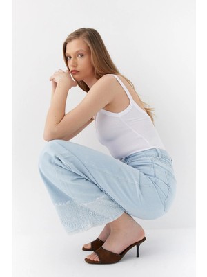 MARKALİSTE Yüksek Bel Dantelli Geniş Paça Jean Pantolon Açık Mavi