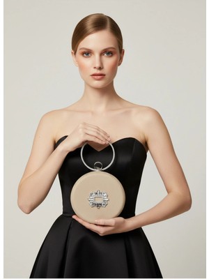 Biçanta Bej Gümüş Yuvarlak Lüks Süet Kristal Taşlı Kadın Abiye Çanta Düğün Nişan Mezuniyet