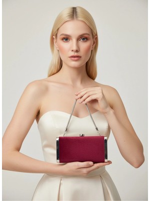 Biçanta Bordo Gümüş Lüks Süet Kristal Taşlı Metal Kasa Taş Saplı Abiye Çanta Düğün Nişan Mezuniyet