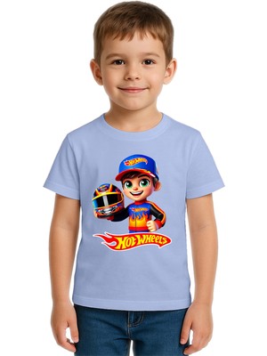 Sedirli Unisex Hot Wheels  Baskılı Çocuk Tişört Pamuklu Penye Kumaş