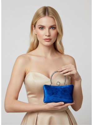 Biçanta Saks Gümüş Metal Sap Detaylı Lüks Dalgalı Kadife Kadın Abiye Çanta Düğün Nişan Mezuniyet