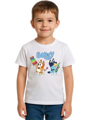 Sedirli Unisex Bluey Baskılı Çocuk Tişört Pamuklu Penye Kumaş