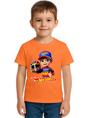 Sedirli Unisex Hot Wheels  Baskılı Çocuk Tişört Pamuklu Penye Kumaş