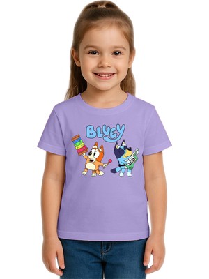 Sedirli Unisex Bluey Baskılı Çocuk Tişört Pamuklu Penye Kumaş