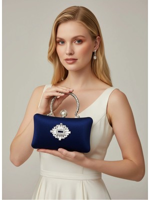 Biçanta Lacivert Inci ve Kristal Işlemeli Simli Saten Abiye Çanta Düğün Nişan Mezuniyet