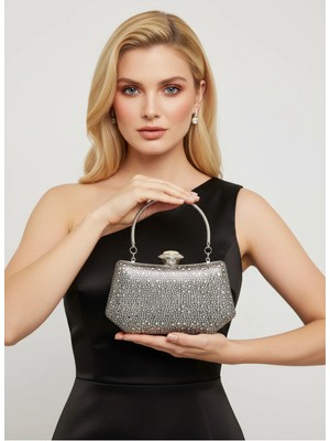 Biçanta Platin Renk Taşlı Zincir Detaylı Zincir Saplı Kadın Abiye Çanta Düğün Nişan Mezuniyet