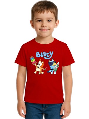 Sedirli Unisex Bluey Baskılı Çocuk Tişört Pamuklu Penye Kumaş