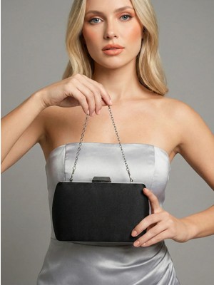 Biçanta Siyah Lüks Süet Kristal Taşlı Metal Saplı Zincirli Kadın Abiye Çanta Düğün Nişan Mezuniyet