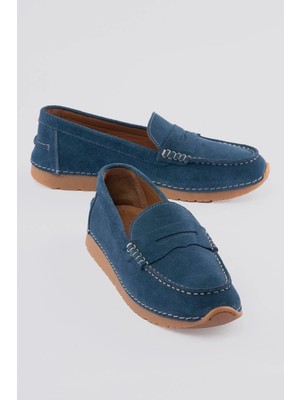 Mubiano Kadın Hakiki Süet Loafer Konfor Taban Günlük Ayakkabı Monela Kot Mavi
