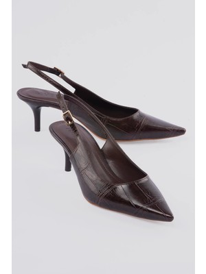 Mubiano Kadın Stiletto Sivri Burun Kroko Desenli Arkası Açık Topuklu Ayakkabı Torella Kahverengi