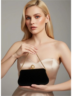 Biçanta Siyah Altın Metal Zincir Sap ve Inci Detaylı Lüks Dalgalı Kadife Kadın Abiye Çanta Düğün Mezuniyet