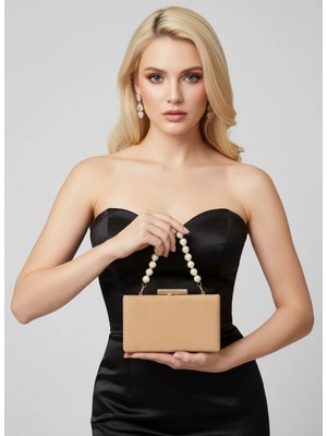 Biçanta Nude Altın Lüks Süet Inci Saplı Kadın Abiye Çanta Düğün Nişan Mezuniyet