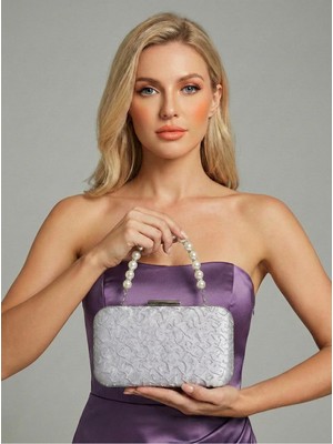 Biçanta Özel Tasarım Gümüş Renk Kırışık Taşlı Saten Zinzirli Kulplu Kadın Abiye Çanta Düğün Nişan Mezuniyet