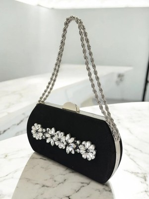 Biçanta Siyah Lüks Süet Kristal Taşlı Metal Saplı Zincirli Kadın Abiye Çanta Düğün Nişan Mezuniyet