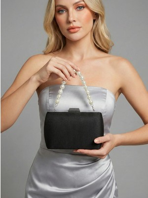 Biçanta Siyah Lüks Süet Kristal Taşlı Metal Saplı Zincirli Kadın Abiye Çanta Düğün Nişan Mezuniyet