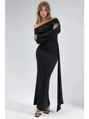 Hiccup Kadın Yırtmaçlı Asimetrik Bodycon Maxi Sandy Elbise Siyah