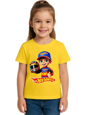 Sedirli Unisex Hot Wheels  Baskılı Çocuk Tişört Pamuklu Penye Kumaş