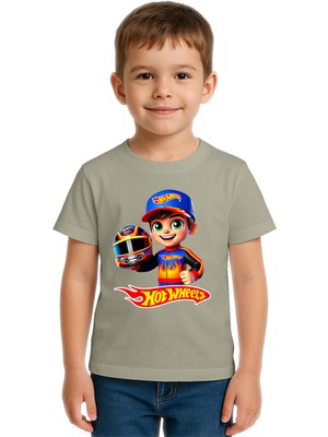 Sedirli Unisex Hot Wheels  Baskılı Çocuk Tişört Pamuklu Penye Kumaş