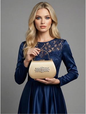 Biçanta Ten Renk Simli Saten Taş Saplı Zincirli Kadın Abiye Çanta Düğün Nişan Mezuniyet