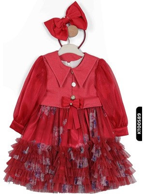 Tüllü Fırfırlı Mendil Kollu Çiçekli Sivri Yakalı 3lü Kız Çocuk Elbise 3-7 Yaş 2806