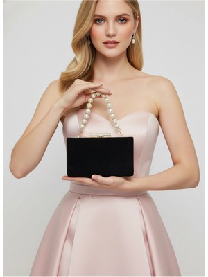 Biçanta Siyah Altın Lüks Süet Inci Saplı Kadın Abiye Çanta Düğün Nişan Mezuniyet