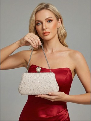 Biçanta Özel Tasarım Ten Renk Kırışık Taşlı Saten Zinzirli Kulplu Kadın Abiye Çanta Düğün Nişan Mezuniyet