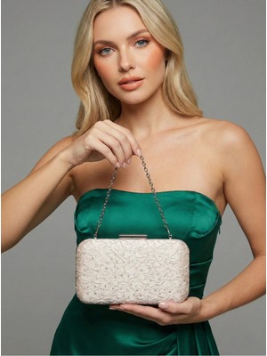 Biçanta Özel Tasarım Ten Renk Kırışık Taşlı Saten Zinzirli Kulplu Kadın Abiye Çanta Düğün Nişan Mezuniyet