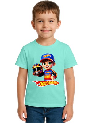 Sedirli Unisex Hot Wheels  Baskılı Çocuk Tişört Pamuklu Penye Kumaş