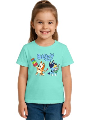 Sedirli Unisex Bluey Baskılı Çocuk Tişört Pamuklu Penye Kumaş
