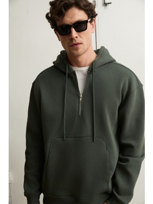 Grimelange JUSTUS Erkek Kapüşonlu Kanguru Cepli Fermuar Yakalı Yeşil Sweatshirt