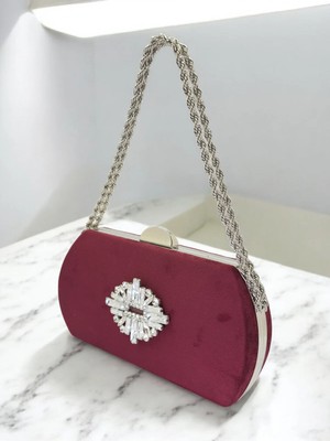 Biçanta Bordo Lüks Süet Kristal Taşlı Metal Saplı Zincirli Kadın Abiye Çanta Düğün Nişan Mezuniyet