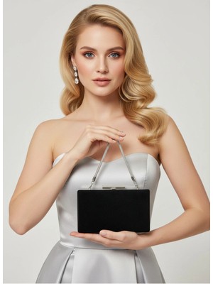 Biçanta Siyah Gümüş Lüks Süet Zincir Saplı Kadın Abiye Çanta Düğün Nişan Mezuniyet