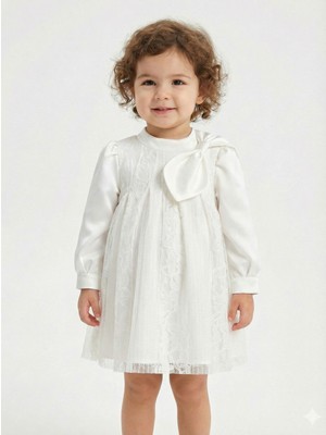 Damasqino Bohçalı Çiçekli Ajurlu Büzgülü Dik Yakalı A-Line Kalıplı Kız Çocuk Elbise 2-6 Yaş 10043